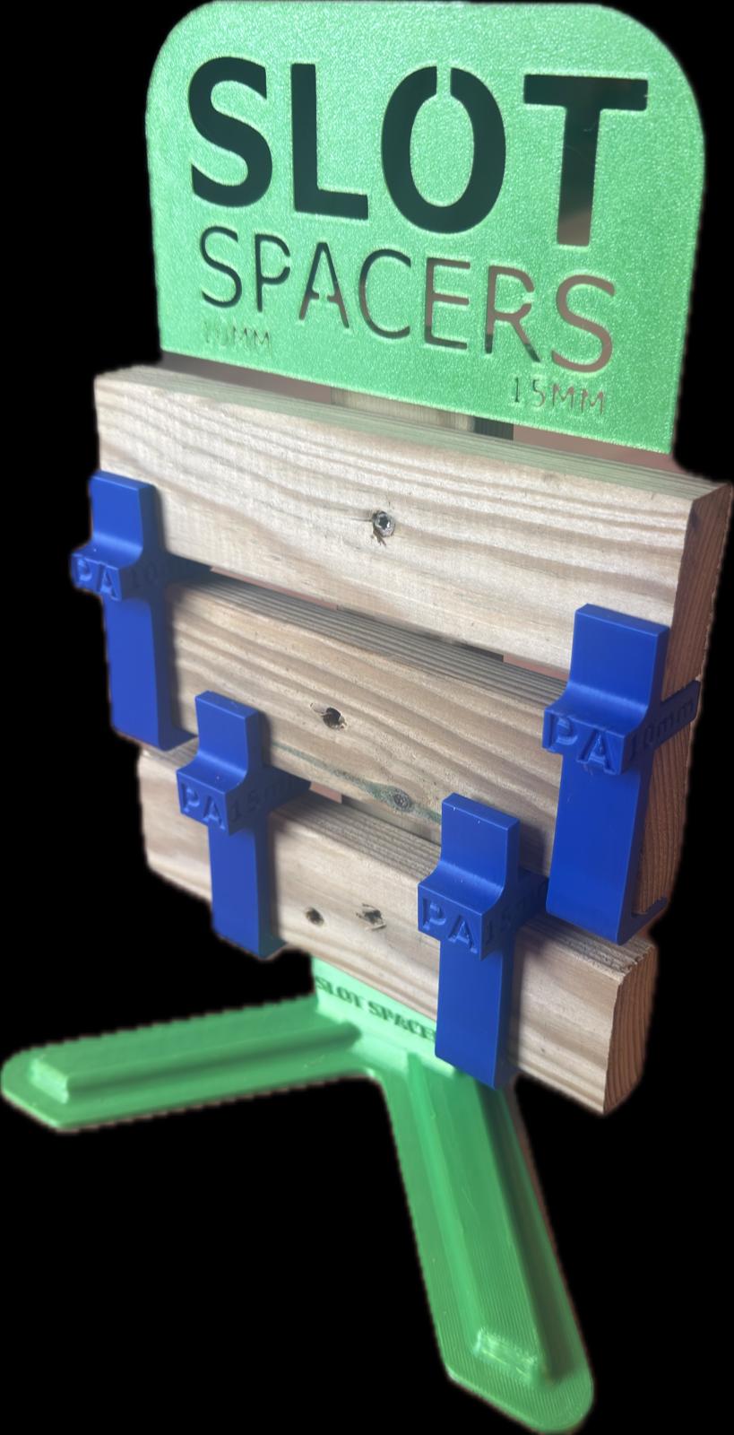 Four SlotSpacer tools displayed on timber battens